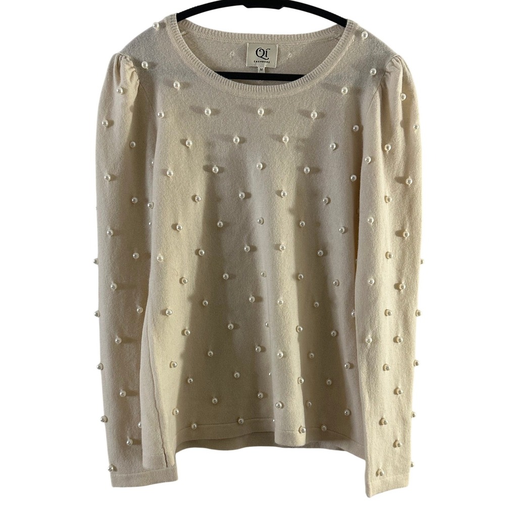 Qi Cashmere Cream Pearl Embellished Puff Shoulder Sweater Womens Medium Beige